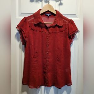 Reitmans red flutter sleeve blouse with neck tie/bow. Size Medium.